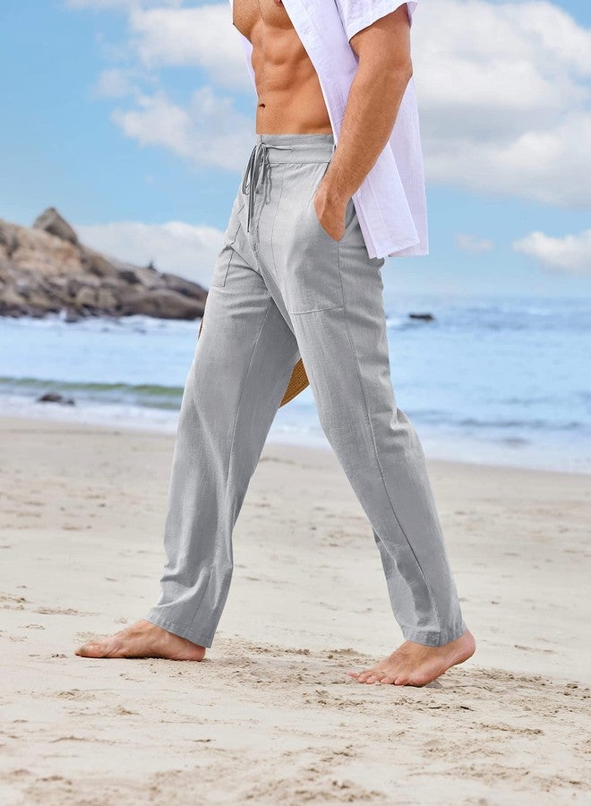PASLTER Mens Casual Linen Pants Loose Fit Straight-Legs Elastic Drawstring Waist Summer Beach Yoga Long Pants A-Grey - Image 3